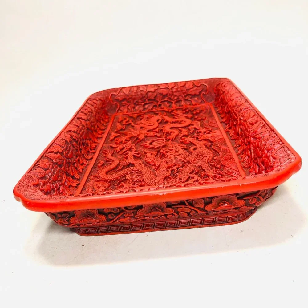 Vtg Chinese Cinnabar Style Resin Dragons Tray